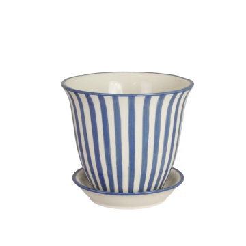 Ghiveci din ceramică pictat manual cu dungi, Ø 19 x H 16 cm, albastru, „Miriam"