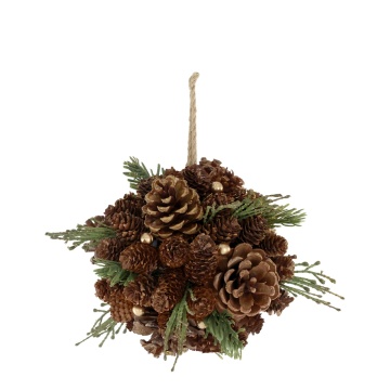 Glob decorativ din conuri și crenguțe de brad, cu accente sclipitoare, D16 cm