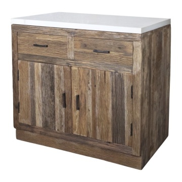 Insulă de bucătărie modulară din lemn reciclat, natur, cu blat din marmură albă, 2 uși și 2 sertare, 97 x 95 x 60 cm, „Grimaud”