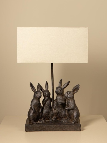 Lampă de masă din bumbac bej, cu structură din rășină maro în formă de grup de iepuri, finisaj patinat, 45×31×13 cm, „Lapin" - Img 4
