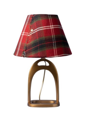 Lampă de masă din lână multicoloră, cu structură din metal auriu, abajur în carouri, finisaj vintage, 29×15×9,5 cm, „Stirrup"