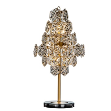 Lampă de masă din metal, auriu, cu cristale hexagonale din sticlă și bază neagră, 85 x 46 cm, „Delhi”