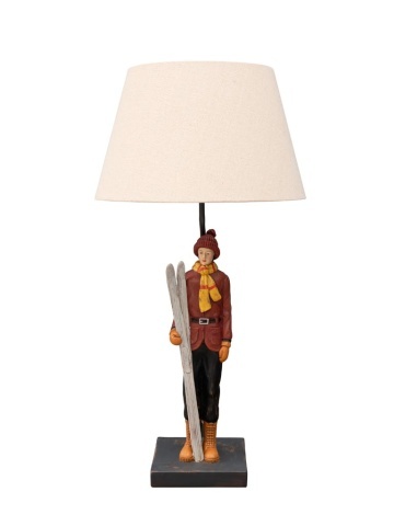 Lampa de masa, din rasina, cu abajur din bumbac, Vintage Skier