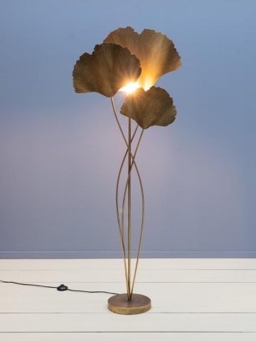 Lampă de podea din metal auriu, cu frunze de ginkgo sculptate, finisaj vintage, 164×66×25 cm, „Ginkgo" - Img 3
