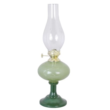 Lampă vintage cu petrol din sticlă verde smarald cu model gravat și arzător alamă, „Kerosene Esmeralda"