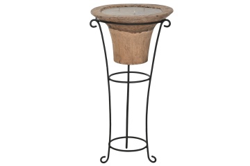 Lumânare decorativă din lemn masiv cu suport din fier forjat negru, 3 fitile, 45×45×95 cm, pentru terasă și exterior, „Torchère"