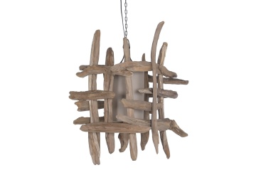 Lustră suspendată din rădăcină de tec reciclat și in, maro, finisaj natural, 79 x 50 cm, „Coucy”