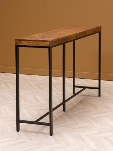 Masă consolă în stil eclectic din lemn de mango, maro, cu blat gros și picioare din metal negru, 98,5 x 180,5 x 40 cm, „Kirt” - Img 5