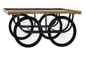 Masă consolă industrială din lemn și metal, natur și negru, cu blat cu bordură și patru roți de bicicletă, 75 x 160 x 80 cm, „Market”