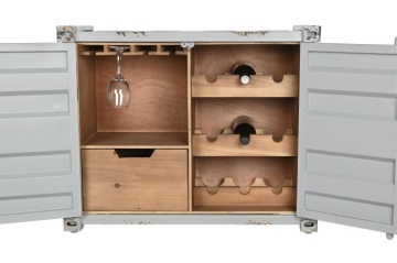 Masă consolă industrială din metal, gri, cu 2 uși, sertar, suporturi pentru sticle și colțare metalice, finisaj antichizat, 64 x 77 x 41 cm, „Cargo” - Img 4