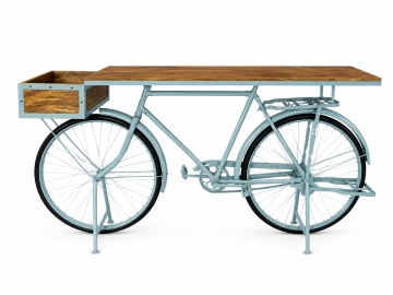 Masă consolă mediteraneană din metal și lemn de mango, albastru, cu bază în formă de bicicletă și ladă, finisaj antichizat, 91 x 195 x 40 cm, „Meno”