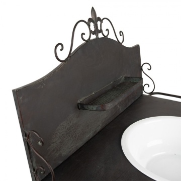 Masă consolă vintage din metal, maro, cu lighean alb, raft, bare laterale și creastă cu floare de crin, 114 x 72 x 48 cm, „Lavandiere” - Img 4