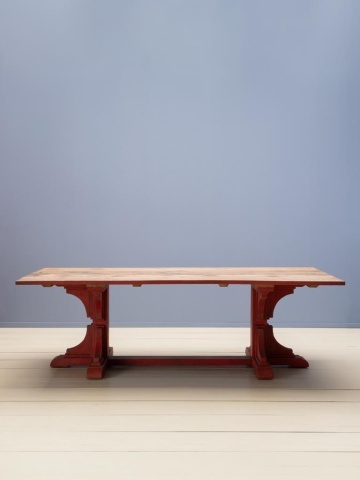 Masă de dining din lemn reciclat, cu blat patinat natur și bază sculptată roșu cărămiziu, finisaj vintage, 240×100×76 cm, „Redwood" - Img 2