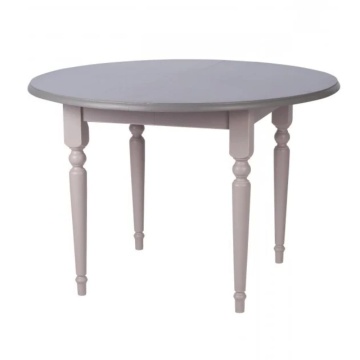 Masă dining extensibilă rotundă din lemn masiv, gri, 4–5 locuri, cu prelungitor și picioare strunjite, finisaj patinat, 78 x 116 cm, „Provence”