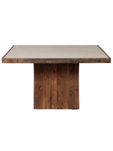 Masă dining pătrată din lemn reciclat, alb, 8 locuri, cu blat din marmură și bază centrală, 76 x 140 x 140 cm, „Alpina”
