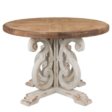Masă dining rotundă din lemn, natur, 4–5 locuri, cu picior central în volute, finisaj antichizat, 85 x 120 cm, „Aimée”