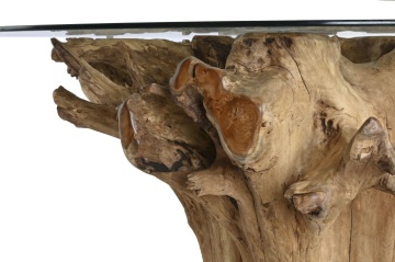 Masă dining rotundă din rădăcină de teak cu blat din sticlă securizată, 160×160×76 cm, „Raiz" - Img 7