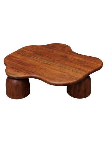 Măsuță de cafea din lemn de acacia, maro, cu blat organic și trei picioare masive rotunjite, 30 x 116 x 110 cm, „Osmoze”