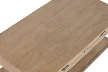 Măsuță de cafea din lemn masiv de mango, finisaj natural maro, 2 sertare și poliță inferioară, 110 x 60 x 45 cm, „Classic" - Img 5