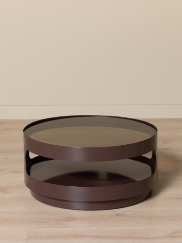 Măsuță de cafea din sticlă și metal, rotundă, cu structură cilindrică și decupaje laterale, maro antichizat, finisaj mat, 70×32 cm, „Onyru" - Img 4