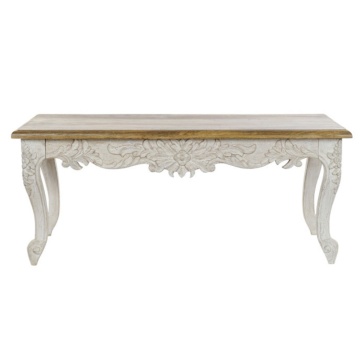 Măsuță de cafea dreptunghiulară din lemn de mango sculptat manual, natur și alb, finisaj antichizat, 49 x 120 x 61 cm, „Floralis” – Ethnic Collections