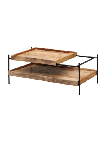 Măsuță de cafea dreptunghiulară din lemn de mango și metal, natur și negru, cu blat glisant și raft, 35 x 95 x 59 cm, „Modular”
