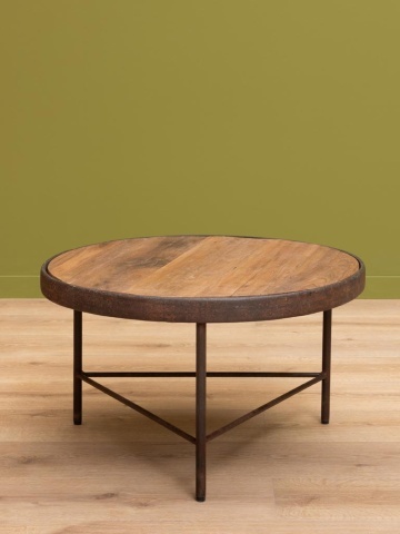 Măsuță de cafea rotundă din lemn de mango și metal, natur și alamă, cu ramă lată și trei picioare subțiri, finisaj antichizat, 41 x 71 cm, „Rusta” - Img 3