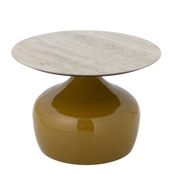 Măsuță de cafea rotundă din metal, galben, cu blat din ceramică efect travertin și bază sculpturală, 41 x 60 cm, „Lecco” - Img 3