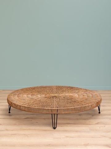 Măsuță de cafea rotundă mare din ratan natur împletit manual și metal negru, cu model în cercuri concentrice, finisaj mat, 32 x 153 cm, „Obane” - Img 2