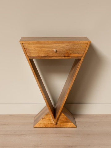 Măsuță laterală din lemn de mango, cu 1 sertar, design geometric, natur, finisaj satinat, 60×35×77 cm, „Penrose" - Img 2