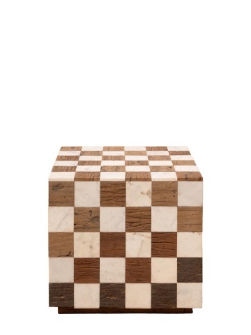 Măsuță laterală din marmură și lemn reciclat, cu model în carouri și formă cubică, alb și natur, finisaj mat, 44.5×44.5×38 cm, „Kadrie" - Img 1