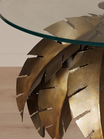 Măsuță laterală înaltă din metal, auriu, cu blat rotund din sticlă și bază în formă de palmier, finisaj antichizat, 73 x 53 cm, „Palm” - Img 3
