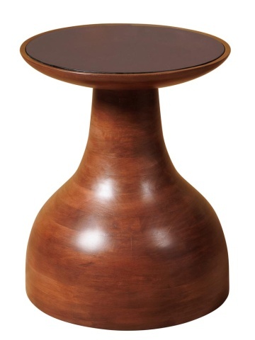 Măsuță laterală rotundă din lemn de mango, maro, cu bază în formă de clopot și blat din sticlă fumurie, 43 x 35 cm, „Solene”