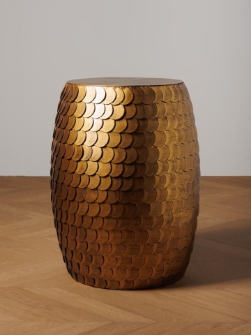 Măsuță laterală rotundă din metal, auriu, în formă de butoi, cu solzi suprapuși, finisaj antichizat, 53 x 30 cm, „Funk” - Img 4