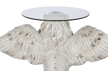 Măsuță laterală sculptată din oxid de magneziu, leu înaripat, blat din sticlă, finisaj gri antichizat, 96 x 62 x 61 cm, „Leon" - Img 4