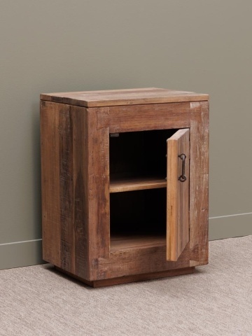 Noptieră rustică din lemn reciclat, maro, cu ușă, raft interior și mâner verigă din metal, pe soclu, 71 x 53 x 41 cm, „Rochehaut” - Img 4