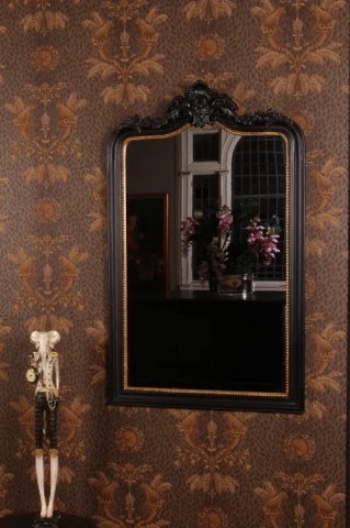 Oglindă de perete din lemn și polirășină, negru, cu ramă sculptată, colțuri rotunjite și ornament baroc cu volute, 130 x 80 x 4 cm, „Noblesse” - Img 2