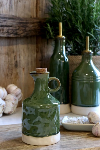 Olivieră din ceramică antichizată verde, pentru ulei, cu dop de plută, 15,5×8 cm, „Mireille" - Img 3
