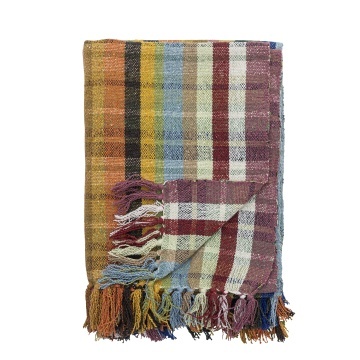 Pătură din bumbac reciclat, multicolor, cu model în carouri și franjuri multicolore, 160x130 cm, „Elmy"