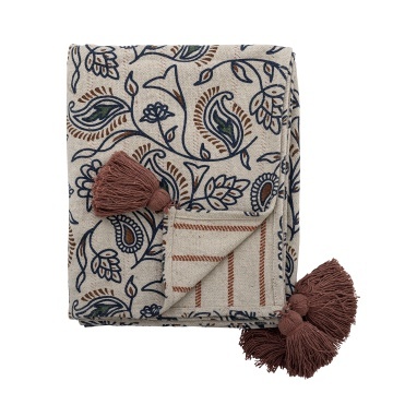 Pătură din bumbac reciclat, natur, cu model botanic în stil vintage, cu ciucuri maro, „Paisley", 160 x 130 cm