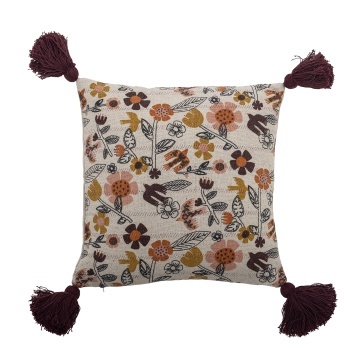 Pernă decorativă din bumbac, multicolor, cu model floral imprimat și ciucuri în colțuri, 45x45 cm, „Vivielle"