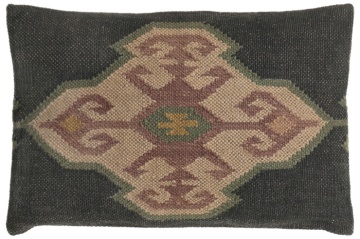 Pernă decorativă Kilim din lână și iută, 40×60 cm, fond negru cu motiv medalion etnic
