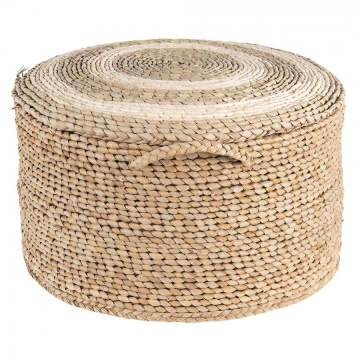 Puf rotund din paie, natur, cu cercuri deschise pe fața de sus și mâner împletit, 23 x Ø 40 cm, „Meule”