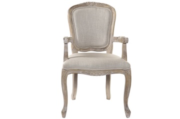 Scaun cu brațe dining Louis XV din lemn sculptat tapițat cu stofă bej, 57×57×94 cm, „Versailles" - Img 5