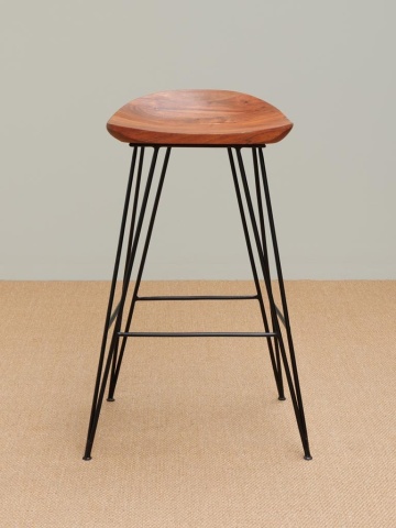 Scaun de bar din lemn de acacia și metal, maro, în stil industrial, cu șezut curbat și picioare tip ac de păr, 80 x 46 x 40 cm, „Mauru” - Img 3