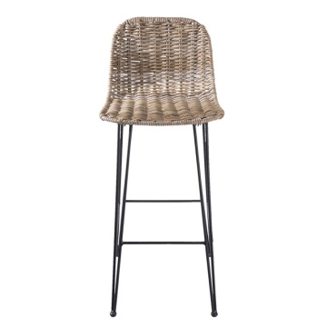 Scaun de bar împletit cu spătar din răchită și metal, natur, cu șezut scobit și suport pentru picioare pe două niveluri, 93 x 40 x 40 cm