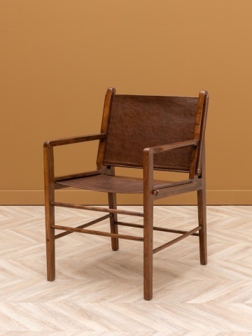 Scaun de dining din piele maro, cu structură din lemn de acacia, finisaj natural lucios, 90×60×66 cm, „Arius" - Img 3