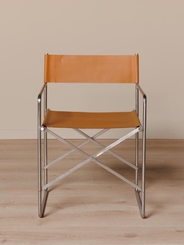 Scaun dining cu brațe din piele naturală și metal, portocaliu, cu cadru tubular argintiu și picioare în X, pliabil, 77 x 52 x 50 cm, „Cuero” - Img 3