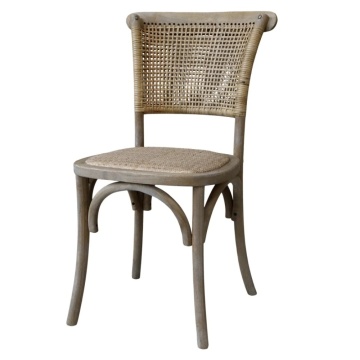 Scaun dining împletit vintage din lemn de hevea și ratan, bej, cu spătar curbat și arcuri din lemn sub șezut, finisaj patinat, 88 x 40 x 45 cm
