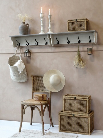 Scaun dining împletit vintage din lemn de hevea și ratan, bej, cu spătar curbat și arcuri din lemn sub șezut, finisaj patinat, 88 x 40 x 45 cm - Img 5